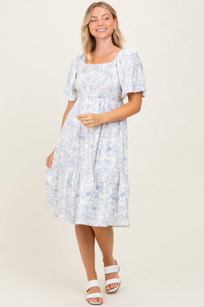 Ivory Floral Smocked Flutter Sleeve Midi Dress