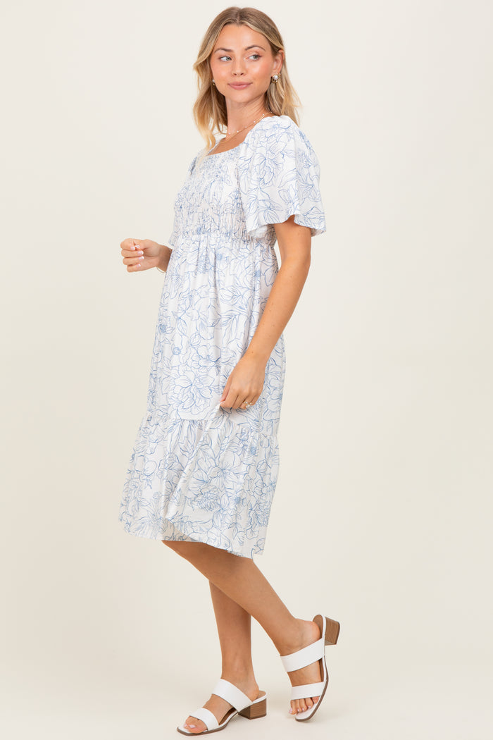 Ivory Floral Smocked Flutter Sleeve Midi Dress