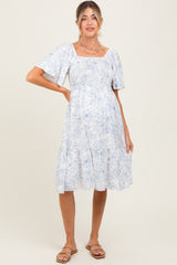 Ivory Floral Smocked Flutter Sleeve Maternity Midi Dress