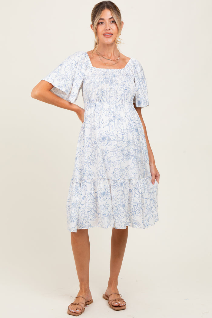 Ivory Floral Smocked Flutter Sleeve Maternity Midi Dress