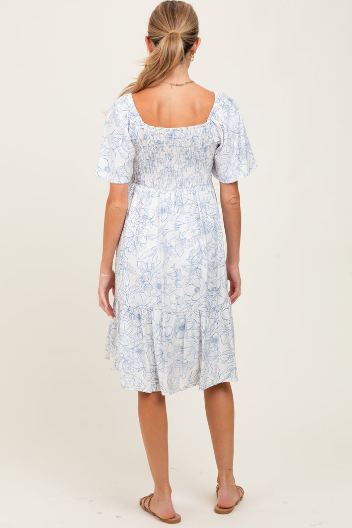 Ivory Floral Smocked Flutter Sleeve Maternity Midi Dress