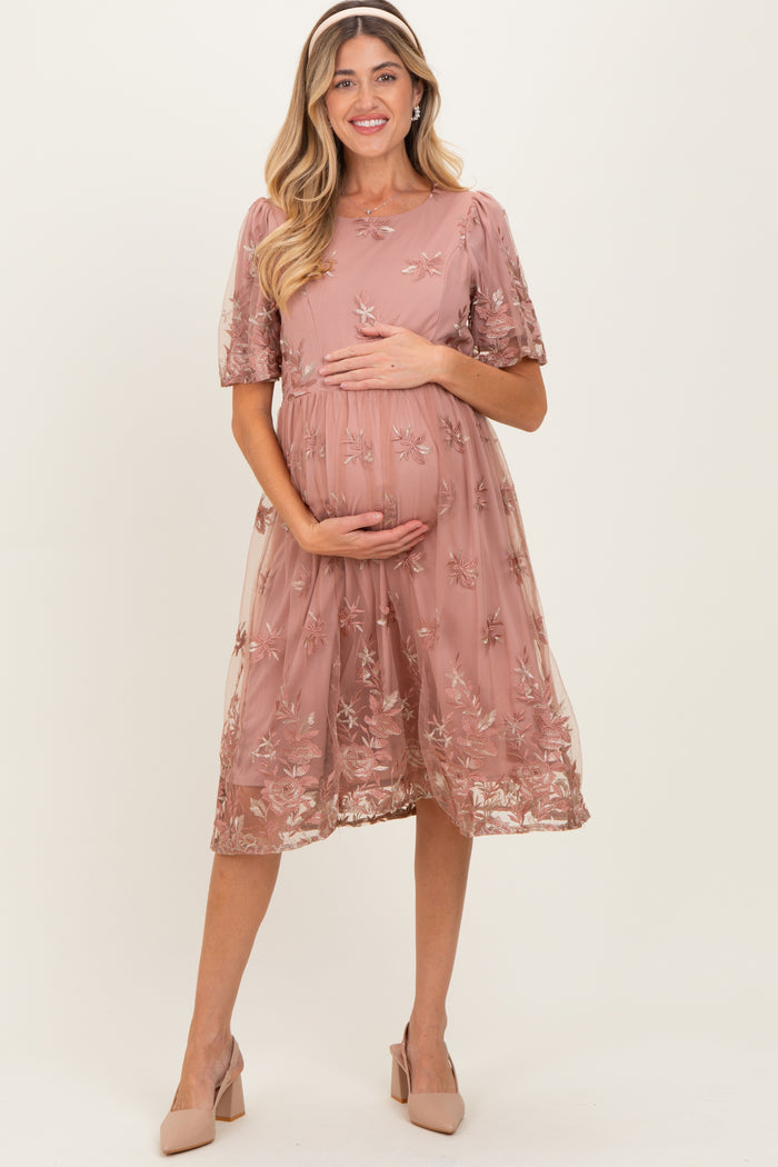 Light Pink Floral Embroidered Mesh Maternity Midi Dress