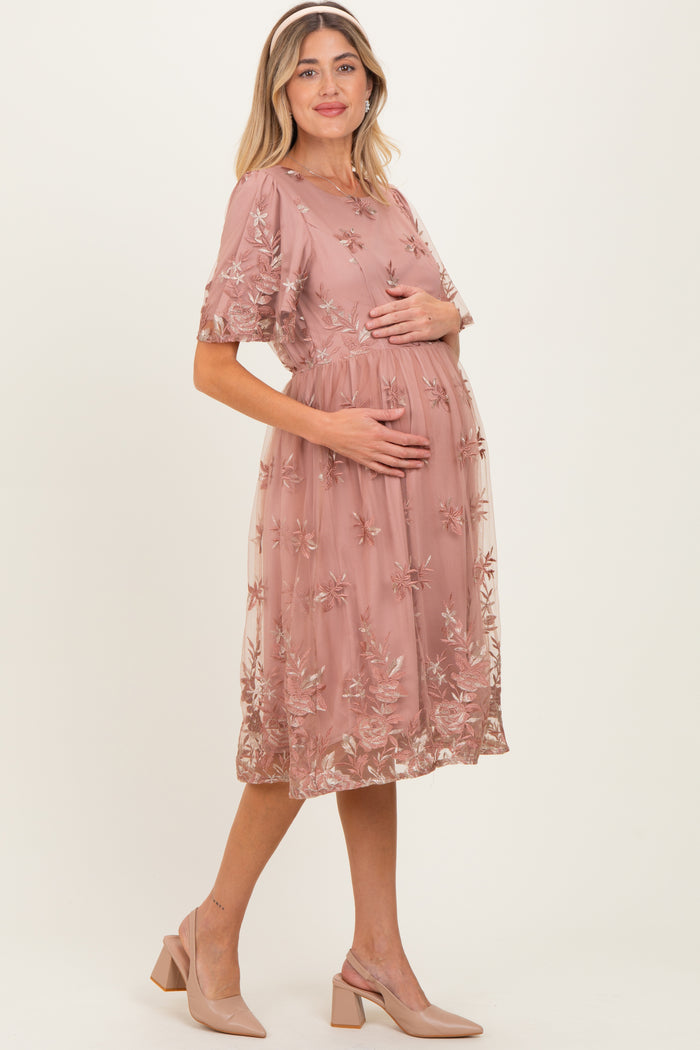 Light Pink Floral Embroidered Mesh Maternity Midi Dress