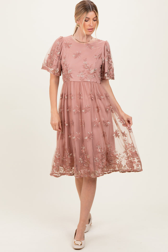 Light Pink Floral Embroidered Mesh Maternity Midi Dress