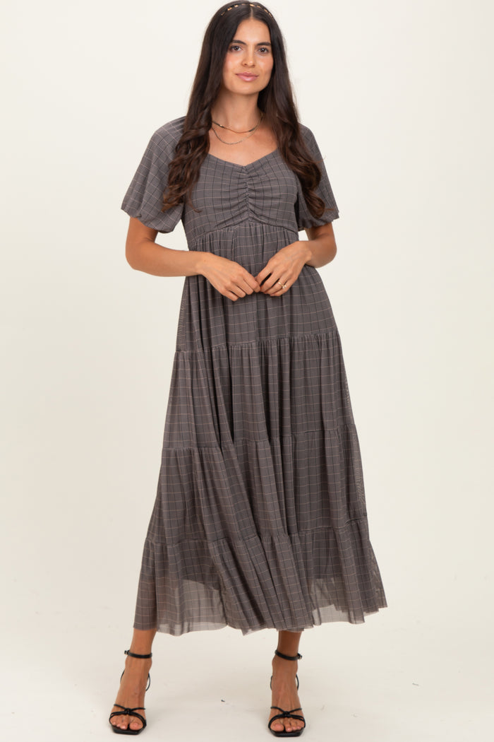 Black Plaid Mesh Tiered Maxi Dress
