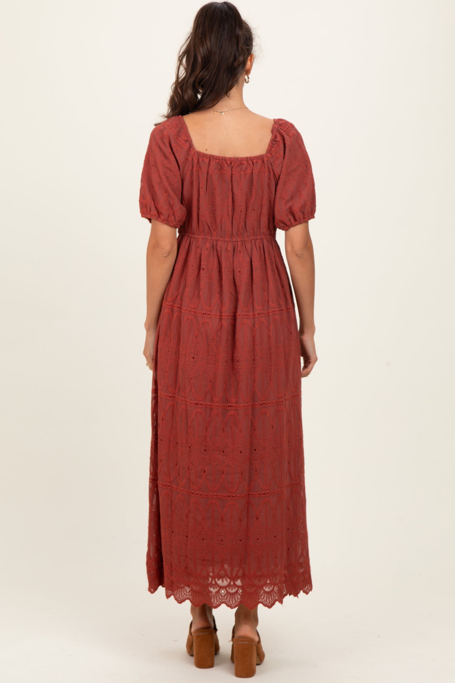Rust Floral Embroidered Chiffon Midi Dress