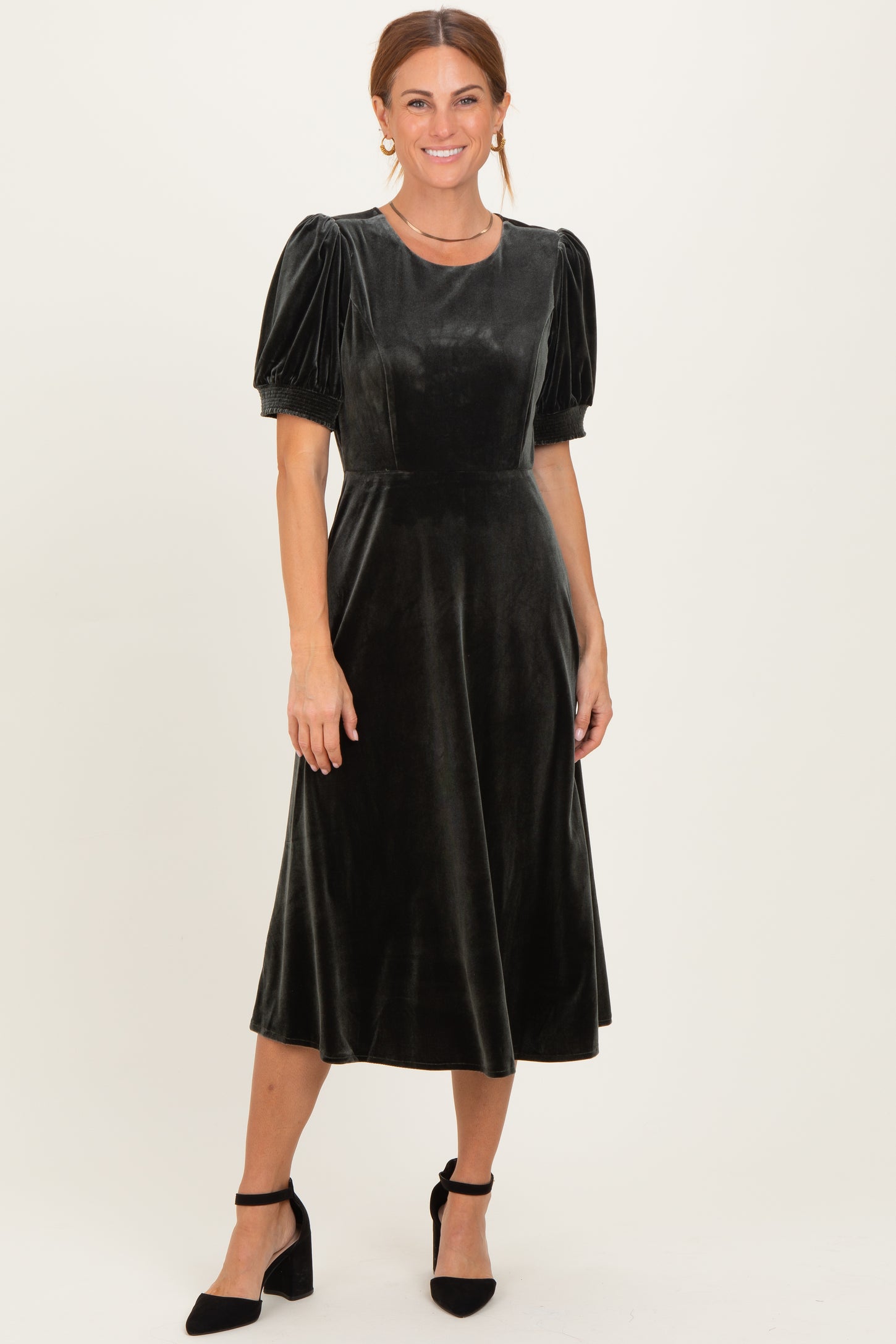 Olive Velvet Short Sleeve Midi Dress