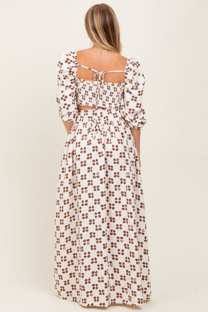 Brown Printed Smocked Crop Top Maxi Skirt Set