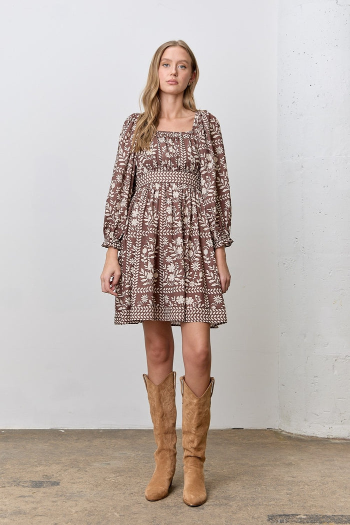 Brown Floral Square Neck Bubble Sleeve Maternity Dress