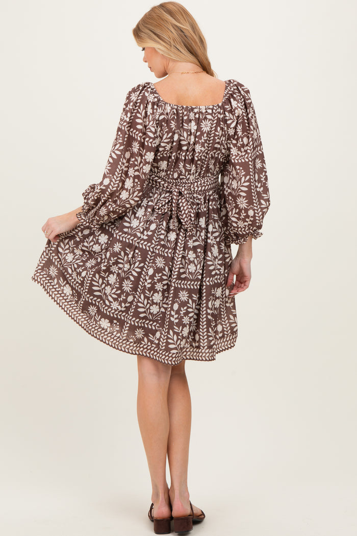 Brown Floral Square Neck Bubble Sleeve Maternity Dress