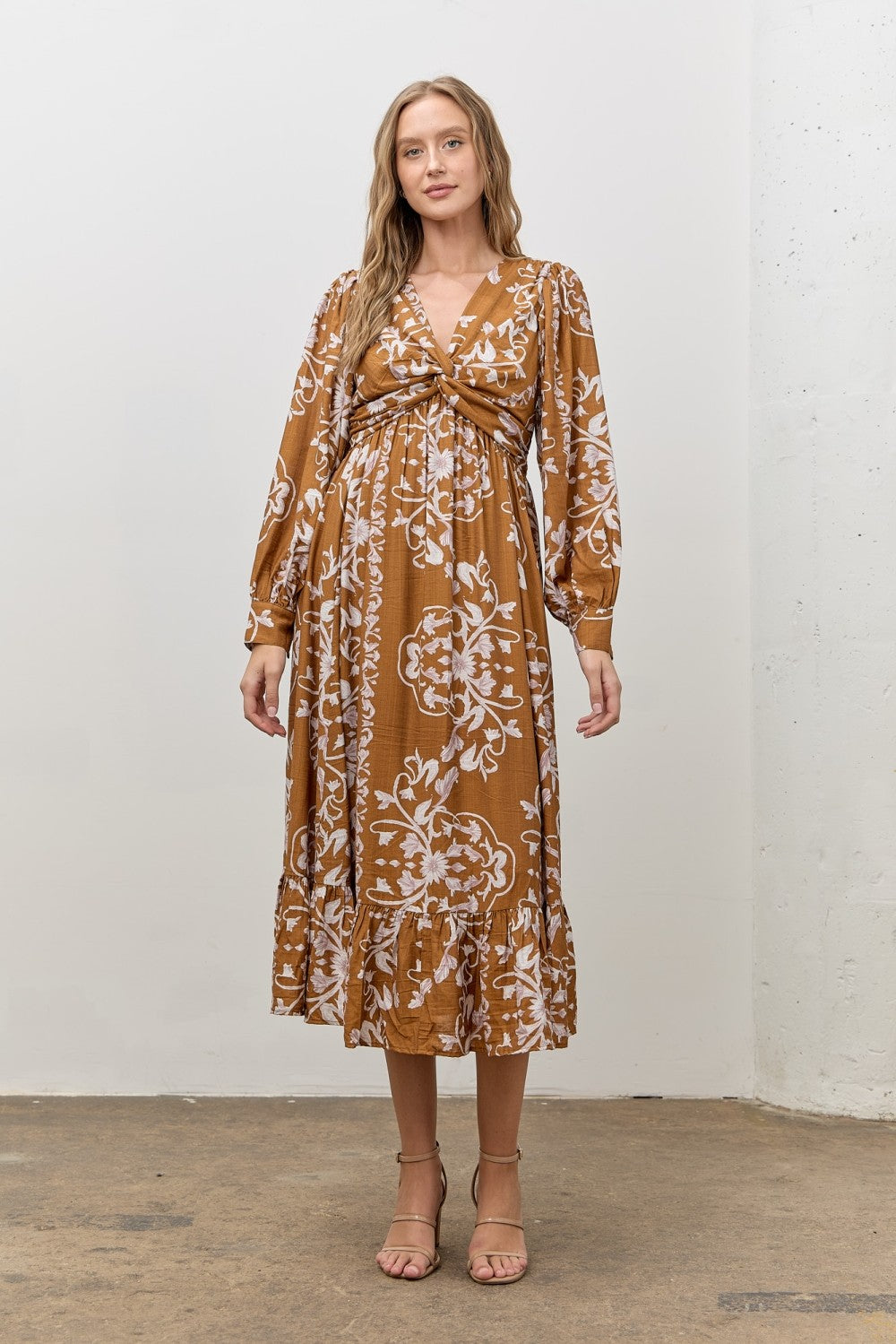 Camel Floral Twist Front Long Sleeve Midi Dress