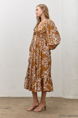 Camel Floral Twist Front Long Sleeve Midi Dress