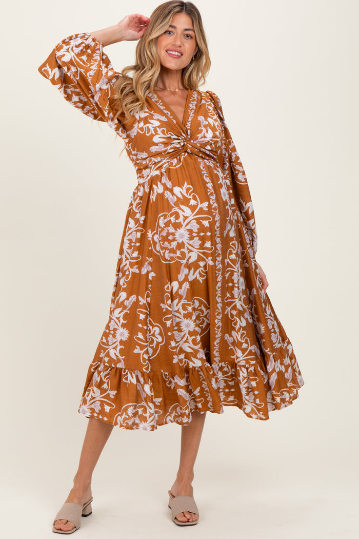 Camel Floral Twist Front Long Sleeve Maternity Midi Dress