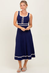 Navy Ribbed Knit Button Accent Sleeveless Maternity Midi Dress