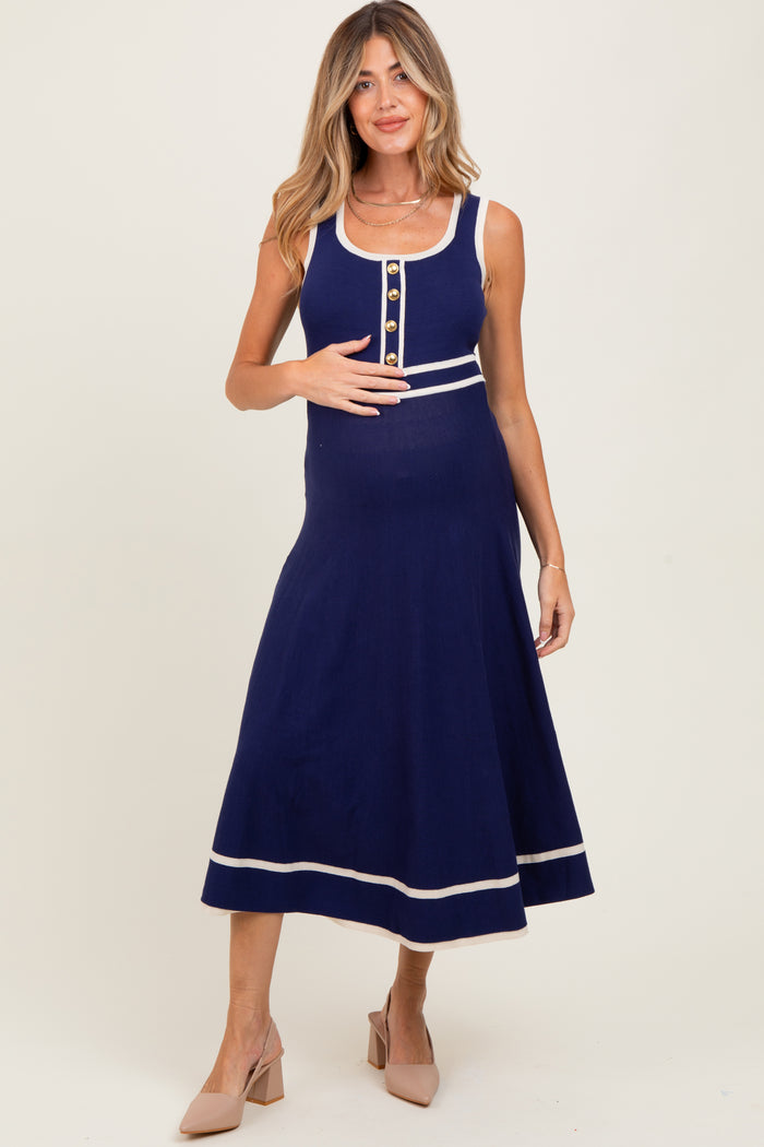 Navy Ribbed Knit Button Accent Sleeveless Maternity Midi Dress