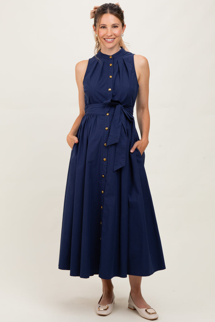 Navy Button Down Sleeveless Maternity Shirt Dress