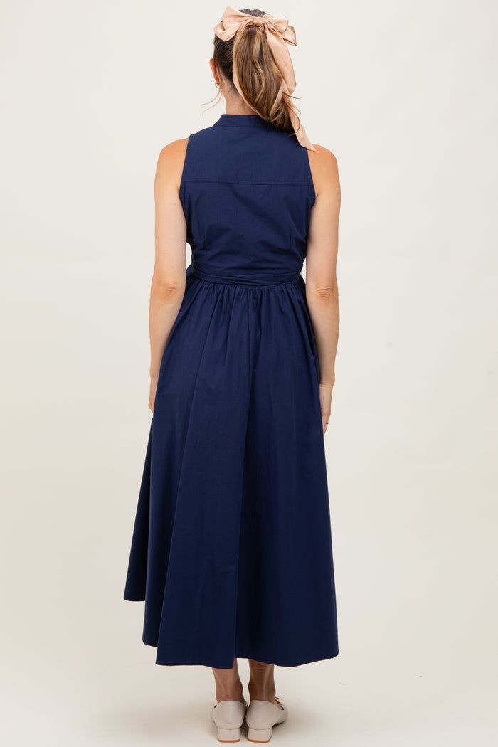 Navy Button Down Sleeveless Maternity Shirt Dress