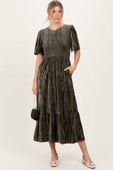 Olive Smocked Velvet Maternity MIdi Dress