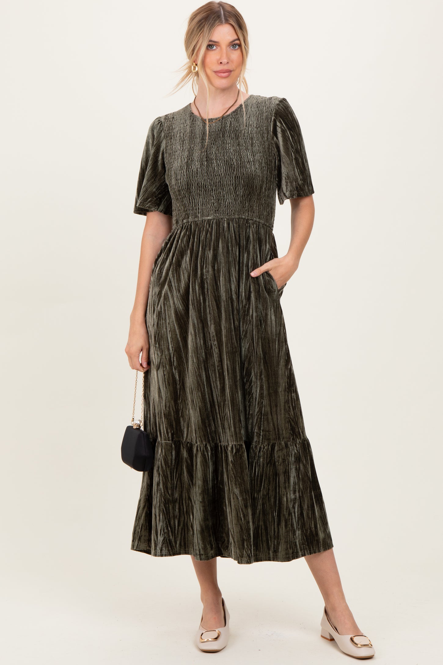 Olive Smocked Velvet MIdi Dress