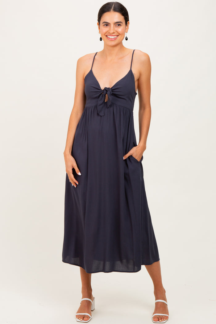 Navy Front Tie Sleeveless Maternity Midi Dress