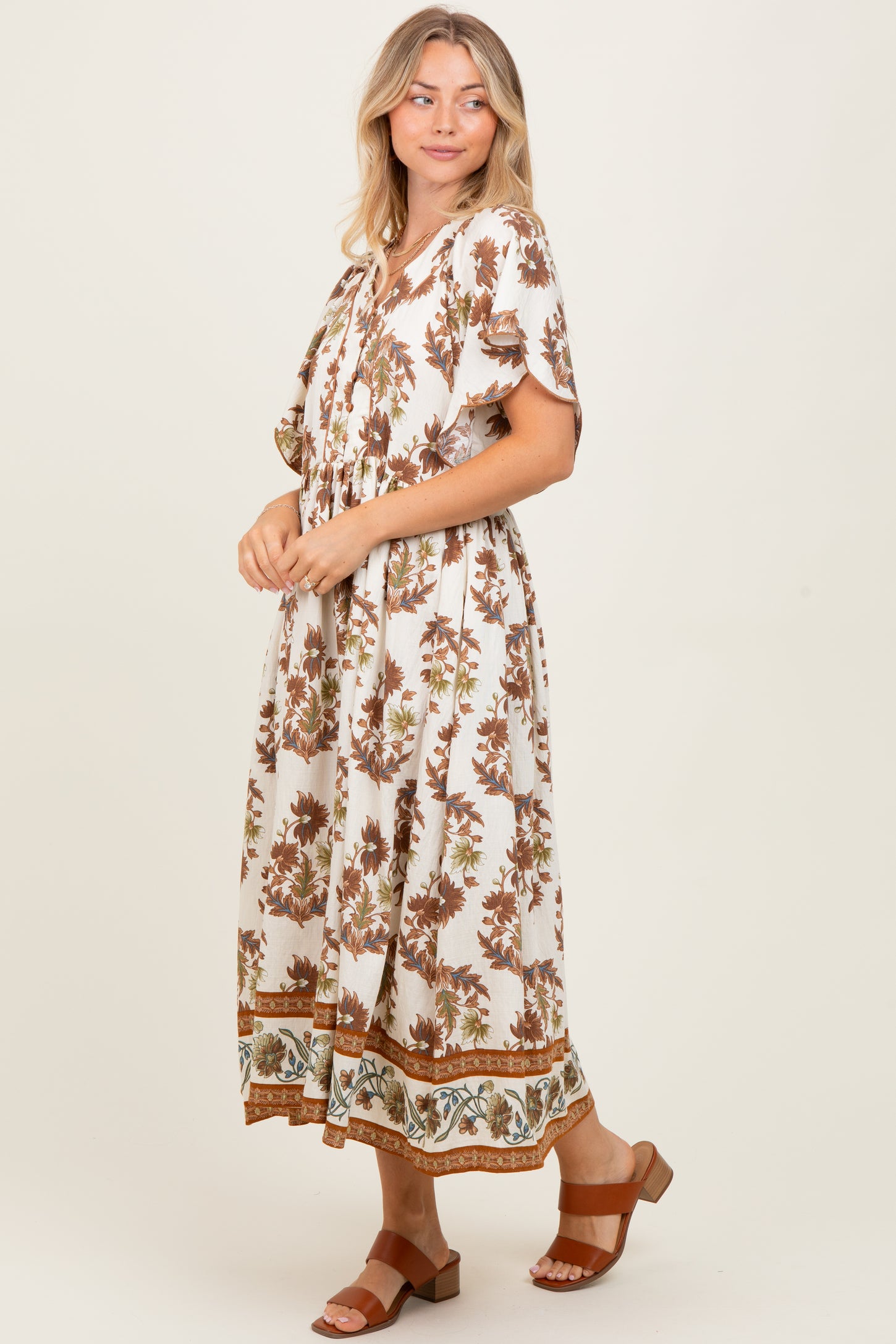 Mocha Floral V-Neck Button Detail Mid Dress