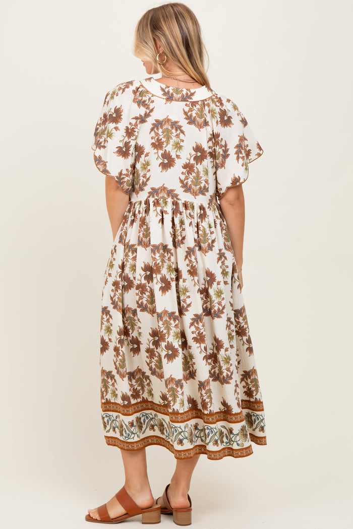 Mocha Floral V-Neck Button Detail Mid Dress