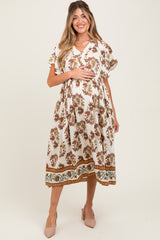 Mocha Floral V-Neck Button Detail Maternity Mid Dress