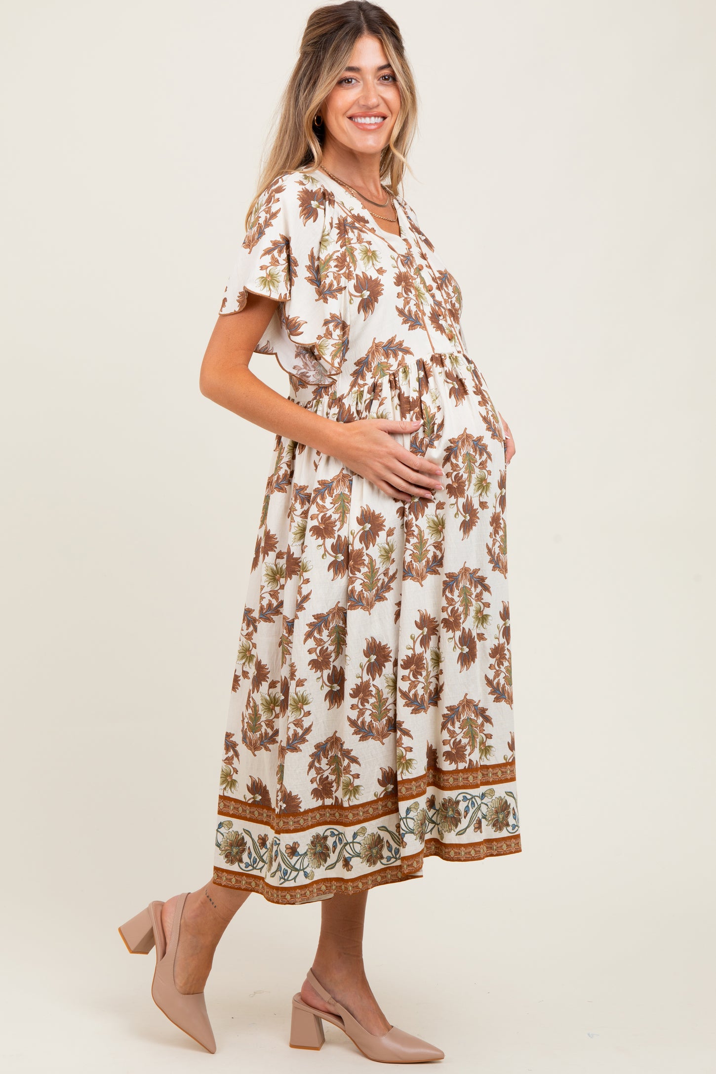 Mocha Floral V-Neck Button Detail Maternity Mid Dress