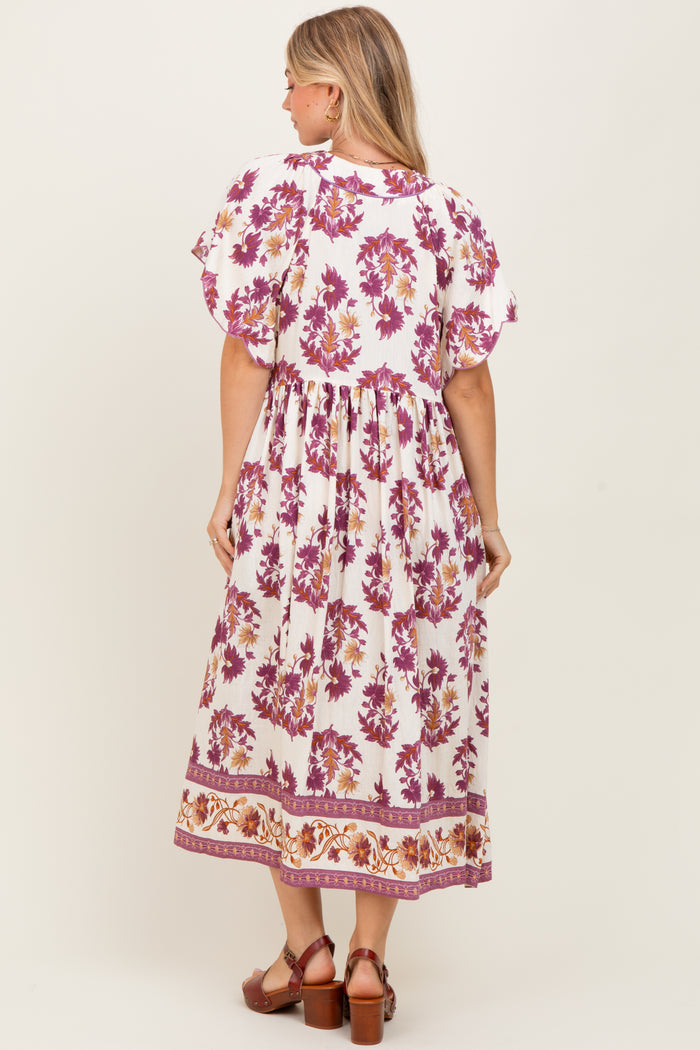 Plum Floral V-Neck Button Detail Mid Dress