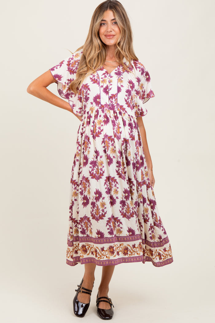 Plum Floral V-Neck Button Detail Maternity Mid Dress