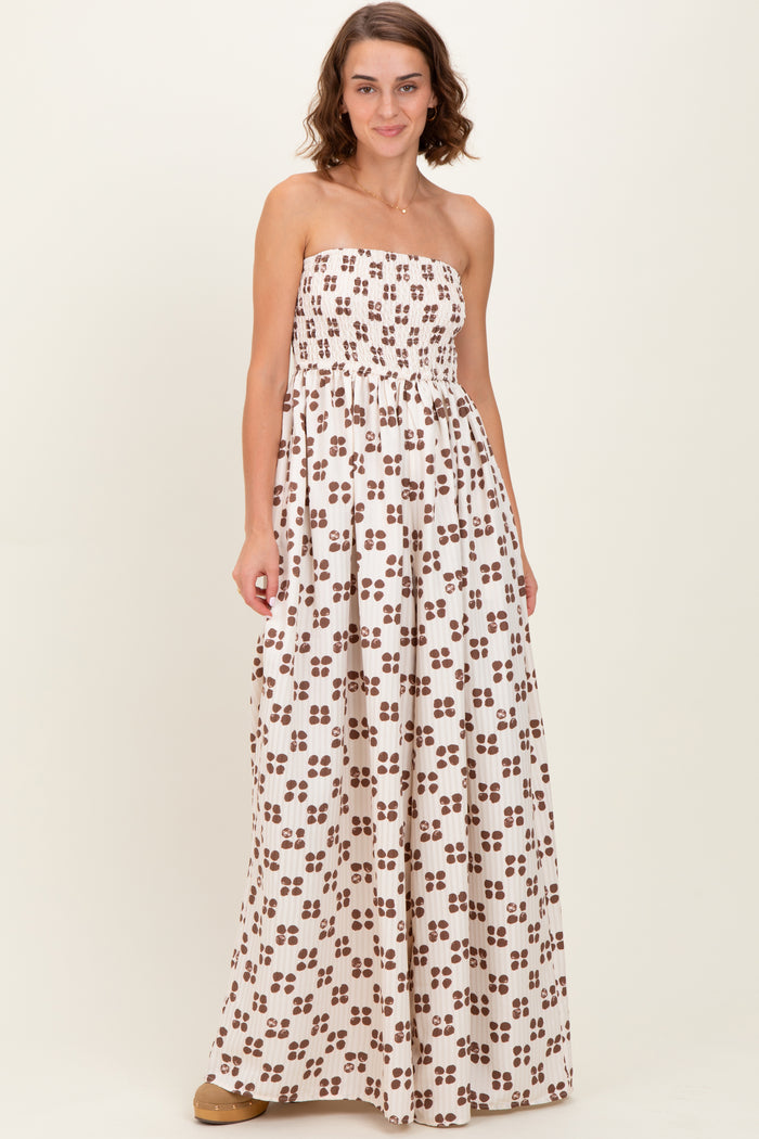 Brown Printed Smocked Wide Leg Jumpsuit