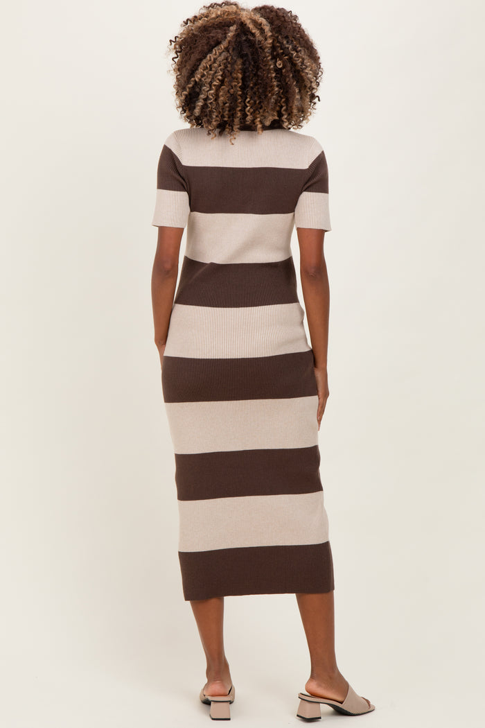 Brown Ribbed Striped Knit Polo Maternity Midi Dress
