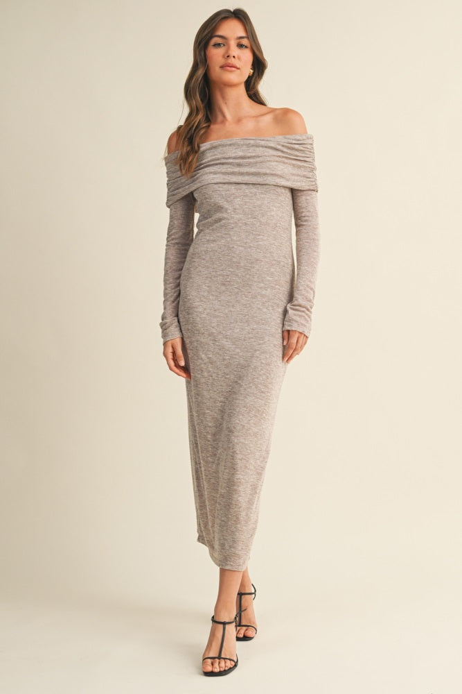 Mocha Heather Off Shoulder Long Sleeve Maxi Dress