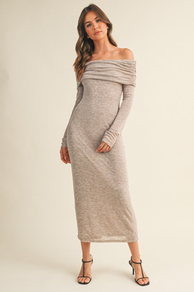Mocha Heather Off Shoulder Long Sleeve Maxi Dress