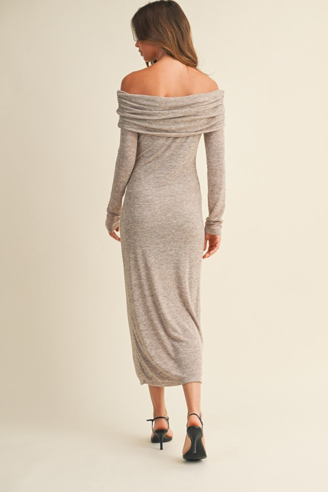Mocha Heather Off Shoulder Long Sleeve Maxi Dress