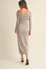 Mocha Heather Off Shoulder Long Sleeve Maxi Dress