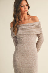 Mocha Heather Off Shoulder Long Sleeve Maxi Dress