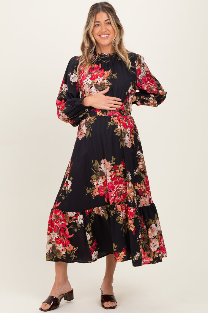 Black Floral Long Sleeve Maternity Midi Dress