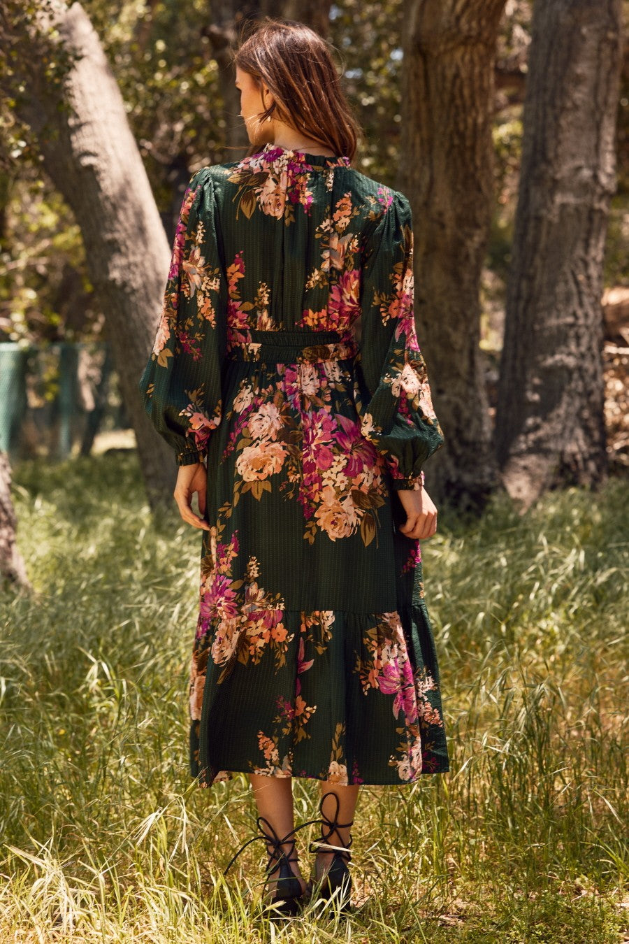 Forest Green Floral Long Sleeve Midi Dress