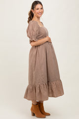Mocha Gingham Square Neck Maternity Midi Dress