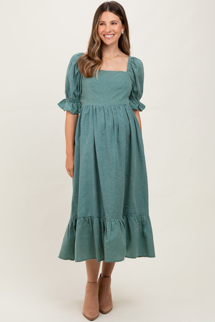 Teal Gingham Square Neck Maternity Midi Dress