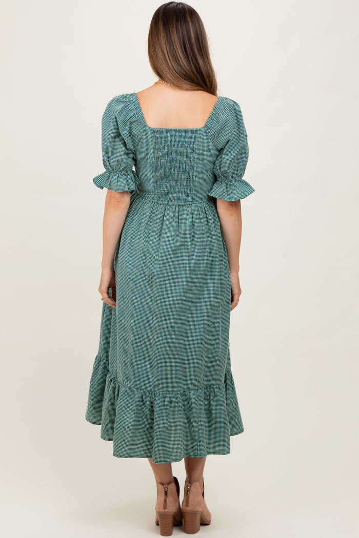 Teal Gingham Square Neck Maternity Midi Dress
