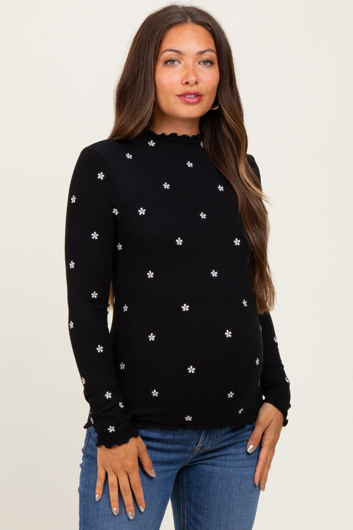 Black Knit Embroidered Floral Ruffle Hem Maternity Top