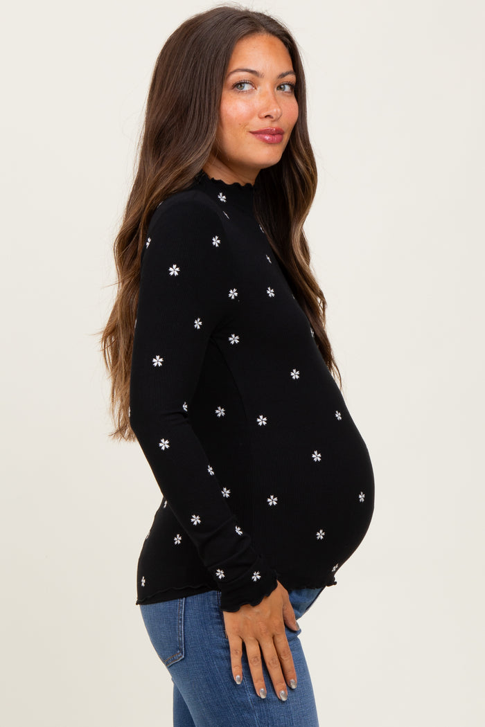 Black Knit Embroidered Floral Ruffle Hem Maternity Top