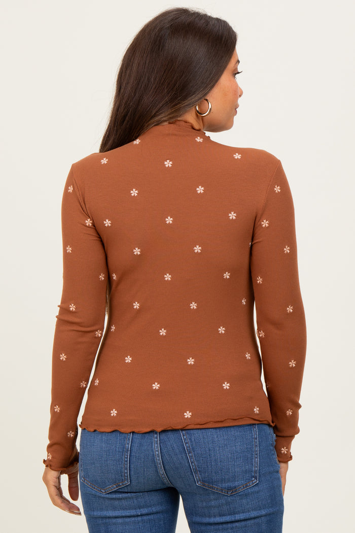 Dark Camel Knit Embroidered Floral Ruffle Hem Maternity Top