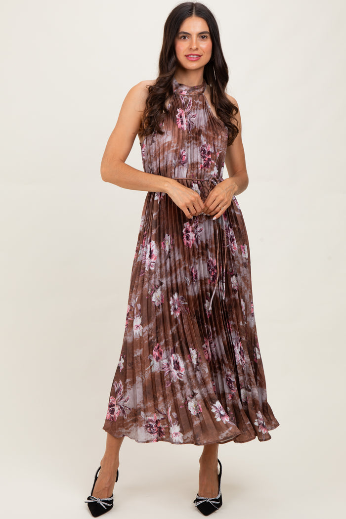 Brown Floral Pleated Halter Maternity Midi Dress