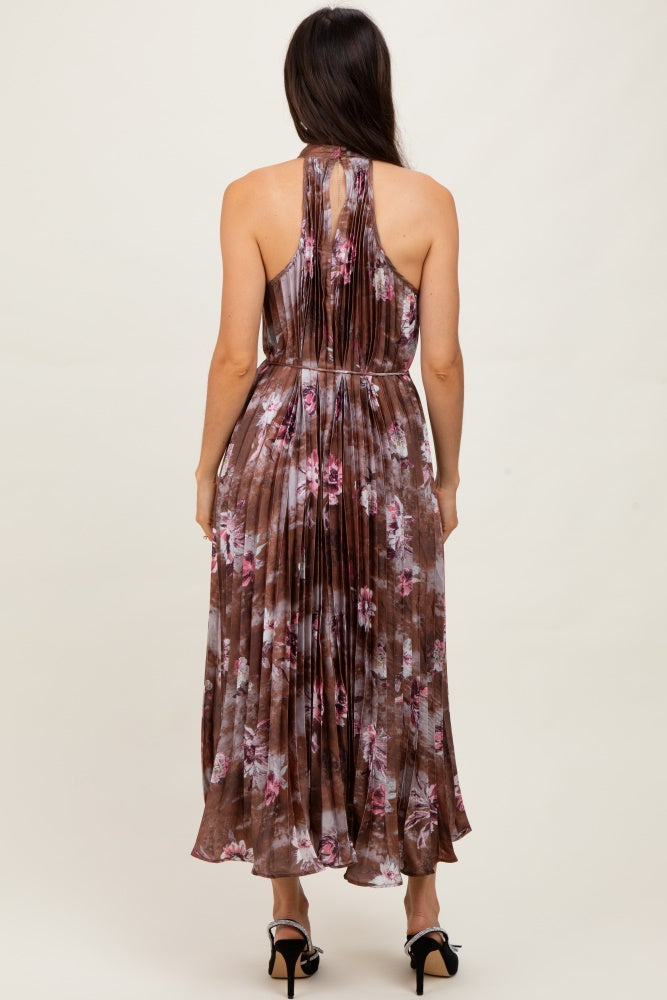Brown Floral Pleated Halter Midi Dress