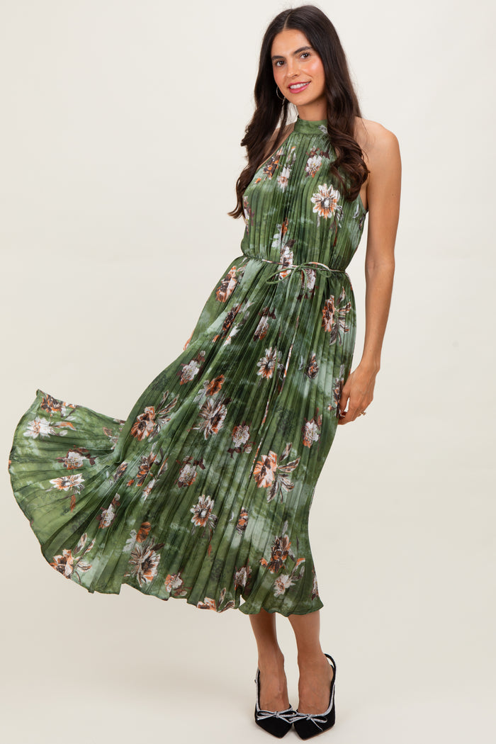 Olive Floral Pleated Halter Midi Dress