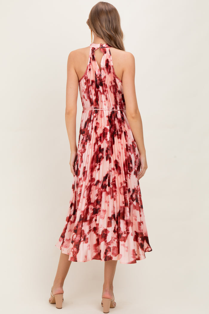 Red Floral Pleated Halter Maternity Midi Dress