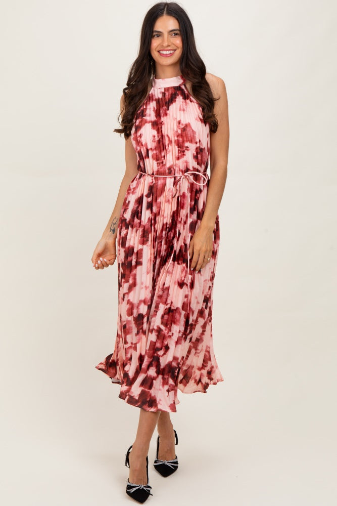 Red Floral Pleated Halter Midi Dress